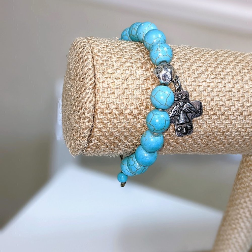 Silver Cross Angel Turquoise & Silver Beaded Bracelet NWT